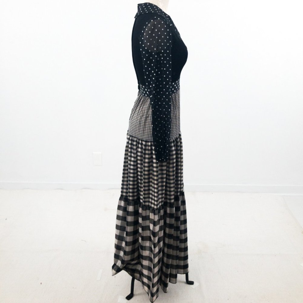 SOLD Vintage 70s S Prairie Check Print Maxi Dress Black - Picture 4 of 10